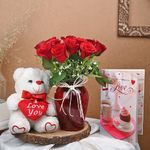 FlowerAura Decorative Bunch Of Fresh Live 12 Red Roses Flower Bouquet In Glass Vase With Cute Teddy Bear & Love Card Valentine's Day Gifts For Girlfriend, Boyfriend, Husband & Wife (Same Day Delivery)