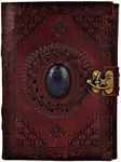 Rustic Town Leather Bound Notebook Journal with Semi Precious Stone - Handmade Vintage Leather Travel Diary for Women Men - Book of Shadow, Unlined Writing Gift