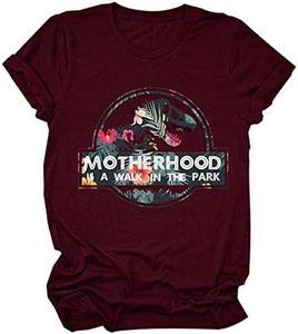 Motherhood is A Walk in The Park Shirts Womens Casual Short Sleeve Crew Neck T-Shirt Funny Letter Graphic Cute Mom Tops Wine Red
