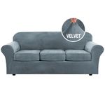 H.VERSAILTEX Modern Velvet Plush 4 Piece High Stretch Sofa Slipcover Strap Sofa Cover Furniture Protector Form Fit Luxury Thick Velvet Sofa Cover for 3 Cushion Couch, Machine Washable(Sofa,Stone Blue)