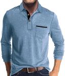 Mens Fashion Polo Shirts Cotton Classic Long Sleeve Thermal Button Shirt with Pocket Blue