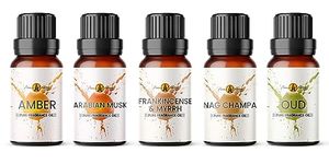 Mystical Fragrance Oil Set 5 x 10ml | for Diffuser Refill, Wax Melts, Candle Making, Soaps, Perfume | Amber, Arabian Musk, Frankincense & Myrrh, Nag Champa, Oud