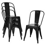 COSTWAY Set of 4 Stackable Dining Chairs, Metal Stacking Side Chairs with Backrest & Rubber Feet, Industrial Tolix Chairs for Kitchen Dining Room Bar Bistro Cafe (Black, Hollowed Iron Seat)