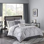 Madison Park Lavine Cozy Bed in a Bag Comforter Set, Traditional Luxe Jacquard Design All Season Down Alternative Bedding with Cotton Bed Sheets, Bed Skirt & Pillows, King Silver 12 Piece