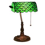 Uziqueif Bankers Lamp Green, Tiffany style lamp With Pull Chain Switch, Stained Glass Desk Lamp, Reading Lamps for Home office, Bedroom Study, Bedside Table,A