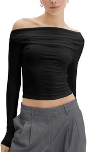 Wudodo Women's Sexy Off Shoulder Tops Ruched Long Sleeve Boat Neck Cropped Y2K Tee Shirts Soft Black