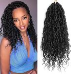 EFFGOCO 7 Packs Goddess Faux Locs Crochet Hair 14 Inch Black Faux Locs Crochet Hair Pre Looped Soft River Locs Crochet Braids with Curly Hair Boho Hippie Locs Synthetic Hair Extensions (14Inch, 1B#)