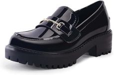 Womens Lug Sole Platform Mid Chunky Heel Loafers Classic Round Toe Slip On Office Uniform Oxfords Shoes with Metal Chain,Black, Size 6.5