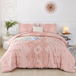 ZRNBAST Pink Full Size Comforter Sets 3 Pcs,Tufted Pom Boho Comforter Set Full, Soft Fluffy Farmhouse Embroidery Geometric Bedding Set for Girl(Pink, Full)