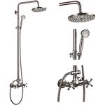 Shower Faucet Sets 8 Inch Rain Shower Head 2 Cross Knobs Mixer Shower System with Handheld Shower Spray Brushed Nickel Finish Silver