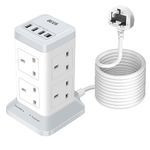 Tower Extension Lead 5M with USB C Slots, BEVA 8 Way Plug Extension Socket with 4 USB Slots and 2100J Surge Protection, UK Extension Tower Power Strip with Switch 5 Metre Cable for Home Office…