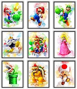 BY SYCART,Kids Game Watercolor Poster Prints, Wall Decor For Kids, UNFRAMED Set of 9 (8x10 inches), Kids Game Room Decor, Kids Game Poster For Boys Room, Posters for Girls Room, Kids Gaming Poster