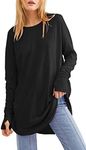 Womens Casual Long Sleeve T Shirts Crewneck Loose Fit Tunic Tops Sweatshirts with Thumb Holes.Black.L