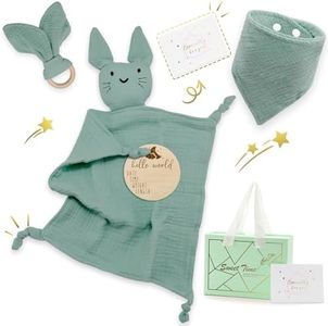 Feelhap Regalos para Bebes Recien Nacidos, Set de Regalo para Niños y Niñas Bebé Regalos con Doudou Bebé, Babero Bandana, Mordedor, Tarjeta de Felicitación, Tarjeta Madera Bienvenida (Verde)