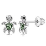 925 Sterling Silver Girl's Green Cubic Zirconia Screw Back Sea Animal Themed Earrings - Turtle Stud Earrings for Young Girls & Teens - Safety Screw Back Locking for Little Girl's Daily Use