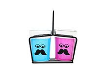 A Krazy Mug Moustache Emoji Hand Painted Traditional Tapri Tea Glasses with Iron Container Stand Holder (Blue, Pink, Set of 2, 90ml)