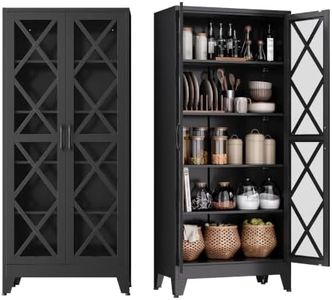 COFaR Metal Kitchen Cabinet, Pantry Storage Cabinets with 2 Door and 4 Adjustable Shelves, 71" Tall Black Glass Door Food Cabinet, Freestanding Cupboard for Dining Room Living Room Bathroom