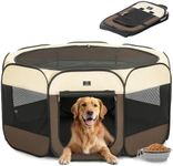 A 4 Pet Dog Playpen for Large Dogs, Portable and Collapsible Pet Playpen with Waterproof Bottom, Removable Zipper and Top, Dog pen Indoor/Outdoor Use, with Bowl, Brown