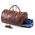 Leather Travel Bag with Shoe Pouch， Waterproof Weekender Overnight Bag, Large Carry On Duffel Bag for Men Women-Brown