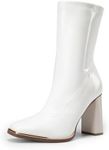 DREAM PAIRS Women's Square Toe Gogo Boots Elastic Ankle Boots High Chunky Block Heel Mid Calf Boots,Size 8.5,White-Pat,SDMB2206W