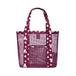 FITDON Mesh Beach Bag, Tote Bag with Pocket Women Shoulder Bag Shower Gym Bag Reusable Shopping Bag for Picnic Holiday Travel Grocery, Red