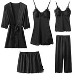 Superora 5pcs Pajamas Set Women Nightdress Sleepwear Nightwear Robe Home Wear Silk Satin Lace Sexy Black