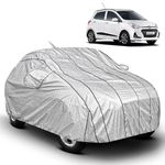 Fabtec Waterproof Car Body Cover for Hyundai Grand i10 Metallic Silver Car Cover with 7 Black Piping Strips for Extra Protection and Soft Cotton Lining, Full Bottom Elastic Triple Stitched car Cover