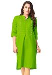 Vastraa Fusion Women's Parrot Green Casual Solid Both Side Button Cotton Kurta/Kurti with Stitched Parallel Matching Stripes - Small