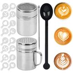 2 Sizes Coffee Sprinkles Powder with 16 Coffee Stencils, Stainless Steel Mesh Icing Sugar Shaker for DIY Cappuccino Coffee, Lcing Sugar Cocoa Flour, Latte Coffee