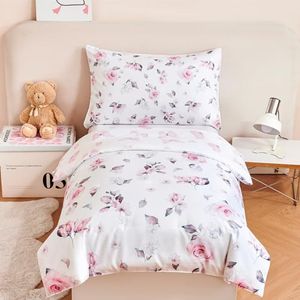 PERFEMET Floral Toddler Bedding 4-Piece Pink Flower Girls Toddler Comforter Set Reversible Butterfly Crib Bed Sets-Comforter, Fitted Sheet,Flat Sheet,Pillowcase