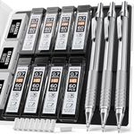 Nicpro Mechanical Pencils 0.7 mm with Case, 3 Metal Artist Pencil With 8 Tube HB Lead Refills, 3 Erasers, 9 Eraser Refills For Architect Art Writing Drafting Drawing Engineering, Sketching, Silver