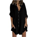 Womens Oversized Cotton Linen Button Down Shirts Casual V Neck Collared 3/4 Sleeve Boyfriend Blouses with Pockets Black