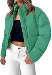 ZESICA Women's Long Sleeve Cropped Puffer Jacket Winter Zipper Quilted Baggy Warm Short Down Coat Outwear with Pockets,Green,Large