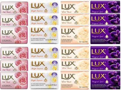 24x LUX SOAP BARS VARIETY BUNDLE | SOFT TOUCH, BRIGHT IMPRESS, VELVET TOUCH , MAGICAL SPELL | With French Rose, Jasmine, Japanese Camellia , Almond Oils & Essential Oils | Hand Face Body Wash Scrub ( Pack of 24 Bars)