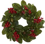 Nearly Natural 4264 24 in. Magnolia Leaf, Berry and Pine Artificial Wreath, Green