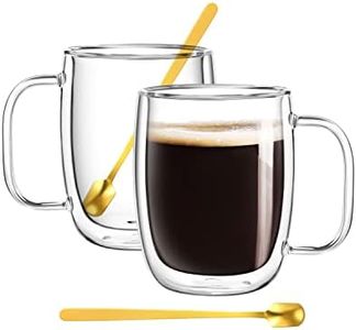 Large 16oz Double Walled Glass Coffee Mugs with Handle and Spoon, Clear Insulated Coffee Cups for Cappuccino, Tea, Latte, Espresso, Hot Beverages, Cold Drinks, Heat Resistant, Borosilicate, Set of 2