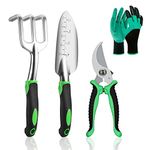 HASTHIP® 4Pcs Garden Tools for Home Gardening Stainless Steel Heavy Duty Tools, Gardening Transplanting Spade, Cultivator, Pruner and Gardening Gloves, Farming Tools Garden Tool Sets