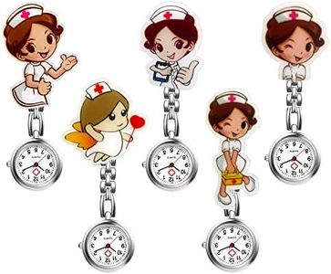 Lancardo Nurse Watch with Second Hand for Nurses and Women Cute Cartoon Clip-on Lapel Hanging-Pendant Doctor Clinic Staff Tunic Stethoscope Badge Quartz Fob Pocket Watch - 5 Pack