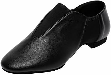 Elastic Jazz Shoes Leather Sole for Girls Boys Dance (Toddler/Little Kid/Big Kid), Black, 12 Little Kid