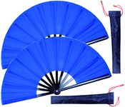 HONSHEN 2 Pack Large Folding Hand Fan, Blue Chinese Kung Fu Tai Chi Fan Nylon-Cloth Fan for Men and Women Performance, Dance, Decorations, Festival, Gift (Folding Fan Blue 2p+Bag)