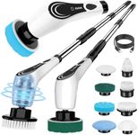 Lichffy Electric Spin Scrubber, Cordless Power Scrubber with 8 Replaceable Brushs, 2-Speed Adjustable Handle Shower Scrubber, IPX7 Waterproof Cleaning Brush for Bathroom, Tile, Tub, Teens, White-qe1