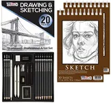 U.S. Art Supply 20 Piece Professional Artist Sketch Set in Hard Storage Case - Sketch & Charcoal Pencils, Pastel, Stumps, Eraser, Sharpeners - Bonus (Pack of 2) -5.5" x 8.5" Sketch Pads