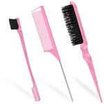 Soodyoow 3 Pcs Slick Back Hair Brush, with Edges brush, Back Combing Brushes, Hair Gel Brush, Hair Slick Brush, Teasing Brush, Rat Tail Comb for Hairdresser Women Baby Children, Pink