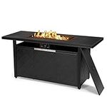 Tangkula 57 Inches Propane Fire Pit Table, Patiojoy 50,000 BTU Outdoor Rectangular FirePit Table, Dual-Use Auto-Ignition Patio Gas Fire Table with Lid and Lava Rocks for Backyard, Garden (Black)