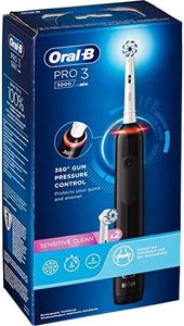 Oral-B PRO 3 3000 Electric Toothbrush/Electric Toothbrush, 2 Sensitive Clean Replacement Brushes, 3 Cleaning Modes and Visual 360° Pressure Control for Dental Care, Travel Case, Gift Man/Women, Black