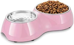 Flexzion Pet Feeder Cat Bowls, Feeding Drinking Station Stand Tray Supplies with Removable Dual Double Stainless Steel Bowl (350+160ml Set) Food Water Dish Holder for Small Breeds Dog Kitten Puppy