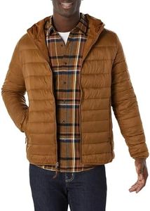 Amazon Essentials Men's Lightweight Water-Resistant Packable Hooded Puffer Jacket, Light Brown, X-Small