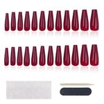 Modixun Glossy Coffin Press on Nails Long, 24Pcs Solid Color Ballerina Fake Nails Glue on Nails, False Nails Acrylic Nails with Glue, Nail File and Wood Stick, Red Wine