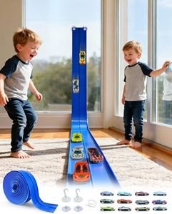 15 Ft Flexible Race Car Track Double Lane– Rolls Up Racetrack Compact, Compatible with Diecast 1/64th Cars Hot Wheels Matchbox, Outdoor Flex Track Gift for Ages 3 & Up-Blue