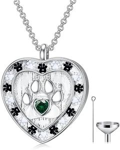 SOULMEET Custom Silver/Real White Gold Paw Print Necklace for Ashes, Personalize Engraving Birthstone Pet Urn Necklace for Ashes Keepsake Cremation Jewelry for Pet Cats Dogs-May